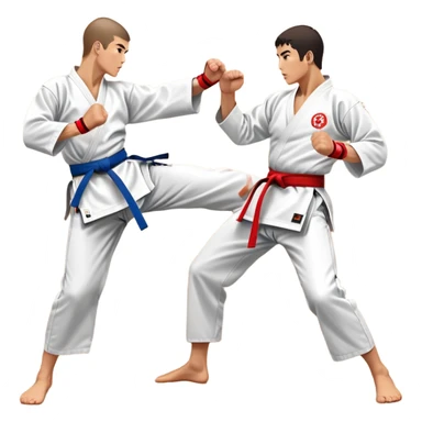 Two karate fighters in traditional gi sparring. One executes a high kick aimed at the opponent’s head, while the other blocks with a strong hand defense. The background features a classic dojo with wooden flooring and banners. Dynamic motion and focused expressions. Transparent background. sticker
