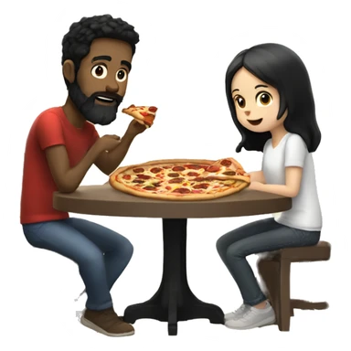 white man with black hair and beard sitting at a table eating pizza with small white girl with black hair sticker