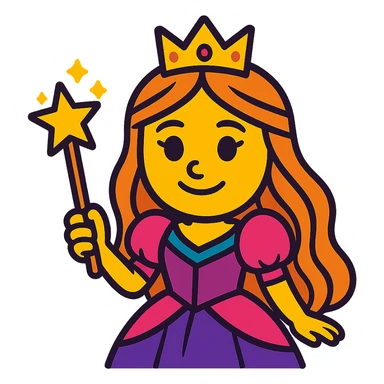 cartoon-style princess emoji with long hair, wearing a golden crown, smiling softly, dressed in a royal gown, holding a magic wand, vibrant toon style sticker