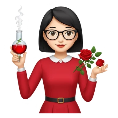 female asian chemistry teacher wearing glasses holdin a flask pointing right with straight short hair to her shoulders wearing a red dress with roses on it and black hair and make the glasses more retangle and make her hold a flash with one hand and with the other point right and make her smile sticker