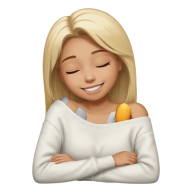 Mujer color de piel moreno claro, con cabello rubio largo, lacio y suelto, ojos negros, usando un suéter off shoulders blanco, sonriendo sin enseñar los dientes durmiendo  sticker