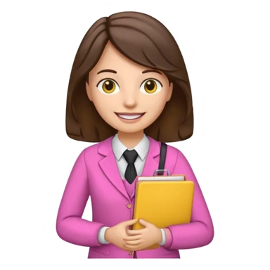 Teacher emoji but : wavy black volume brown hair, light western skin, no glasses, dark eyes, with a computer folder in the hand (color is yellow), being a teacher, wearing pink backpack but wear a teacher formal outfit, smile with teeth







 sticker