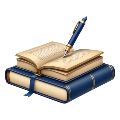 Create a vibrant emoji representing prose writing. The design should feature an open book with pages showing unfinished prose, a classic fountain pen or quill with black or dark blue ink, and an antique inkwell next to it. The pages should have visible lines of text, but some should remain unfinished, symbolizing the creative process. Use warm, earthy tones like brown, gold, and cream for the book and background, with the ink and pen in black or dark blue. The emoji should convey the idea of storytelling, creativity, and the unfinished nature of literary work. Make the background transparent. sticker