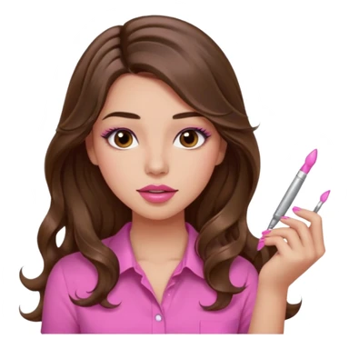 girl with long wavy brown hair, brown eyes, light to medium complexion, in a pink shirt, pink lips, long lashes, puckered lips, showing off painting long nails sticker