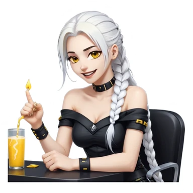 she is laughing the hardest and pounding her fist on the table, a closeup portrait of young woman with gold yellow eyes, white hair, long braid, black off-shoulder top, punk gothic style, futuristic cyberwave cyberpunk, sitting position
 sticker