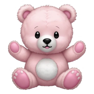 a fluffy toy teddy with a light pink colored shell and ears and a big white face and round bear feet, with a cute black closed eyes and mouth sticker