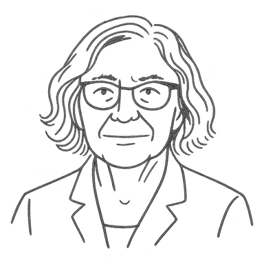 a hand drawn black outline portrait of philosopher Catherine Larrère based a famous portrait of her sticker