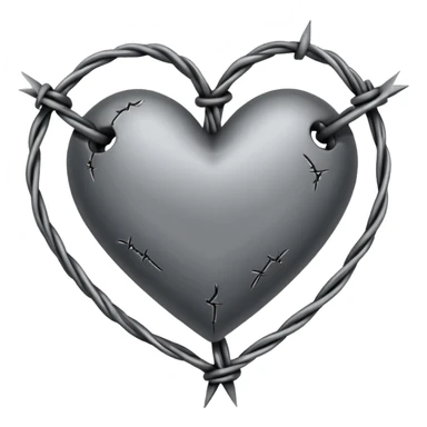 Minimal black line art heart made from barbed wire, hand-drawn sketch look, uneven ink strokes, 6–7 barbs with twisted knots, simple clean outline, centered on plain white background, high contrast sticker
