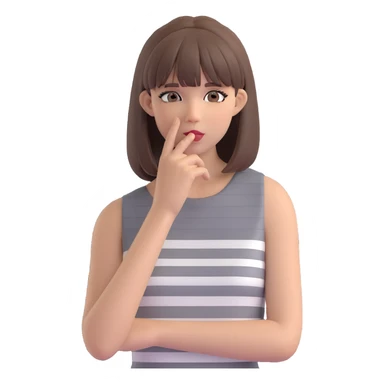 cute emoji-style cartoon of a fashionable woman in a sleeveless grey-and-white striped dress, straight medium brown hair with bangs, touching her face with one hand, confident neutral expression, minimal white or transparent background, compact and simplified sticker