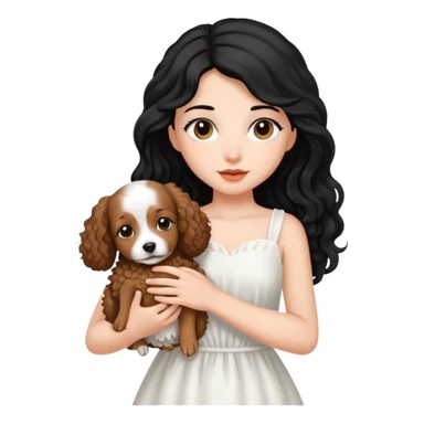 beautiful girl with long black hair in a white dress holding a small brown curly-haired dog sticker