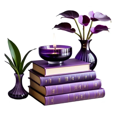 A sophisticated and artistic still life arrangement: a balanced stack of hardcover books in light and dark violet tones, their spines aligned in harmonious contrast. A lavender-colored monstera plant flourishes beside them, its uniquely shaped leaves adding a touch of organic beauty. A deep purple orchid glass candle holder glows gently, radiating warmth. To enrich the composition, a decorative amethyst crystal catches the light, a soft plum-colored linen cloth cascades from the table’s edge, and a delicate lavender-scented candle completes the ambiance of refined tranquility. sticker