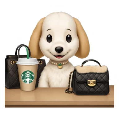 snoopy in a desk with starbucks and his chanel purse sticker