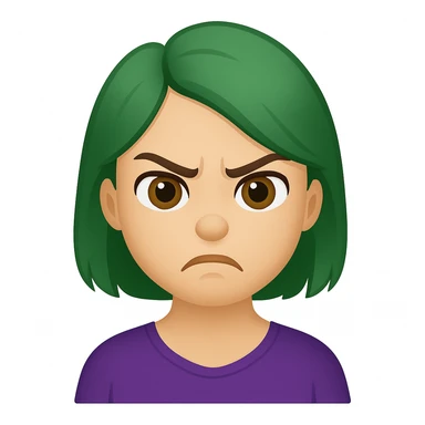 Edit the image of a girl with green hair and angry expression to have hazel eyes and nude lipstick in an emoji style. sticker