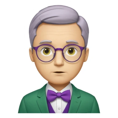 yellow-skinned man with neatly parted brown-gray hair, thick rectangular eyebrows, large round eyes behind thin glasses, a pointed nose, and a green suit with a white collar and purple bow tie. sticker