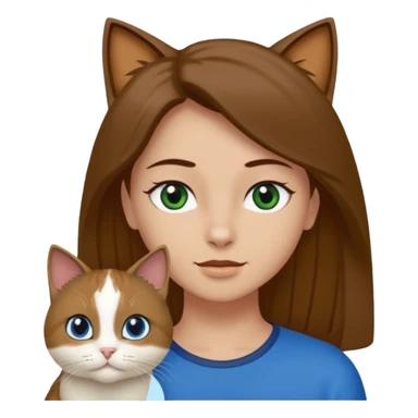 Crea un emoji donde salga un chico de pelo moreno con los ojos claros, una chica de pelo morena con los ojos marrones y UN gato europeo comun de pelaje oscuro y ojos verde claro, quiero que se esten abrazando el chico y la chica, y el gato este en el medio de los dos sticker