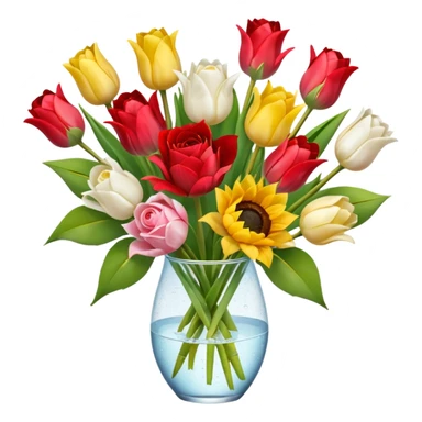 A mix bouquet of red, yellow and white roses, Sunflowers and white and pink Tulips sticker
