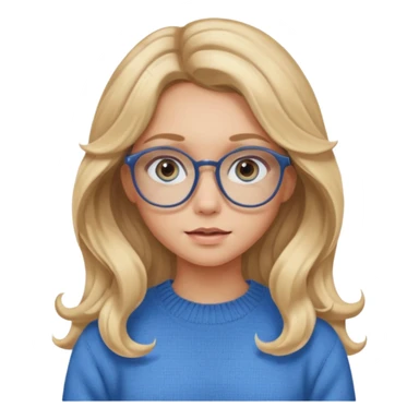 blonde girl with long dark blonde wavy hair, blue big eyes, pantos-style glasses, a brown sweater, sitting and looking in laptop, soft pastel, upper body shot sticker