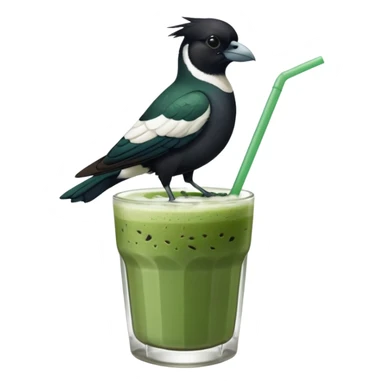 It’s an Australien Magpie sitting on an iced matcha latte on the edge of the glass. It has green matcha on its beak indicating it drank. The iced matxha latte is in a see through glass and white from the oat milk on the bottom and green on top…and there is a straw in the drink and ice cubes sticker