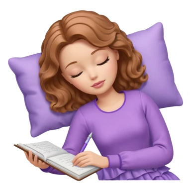 White Barbie girl Chestnut bob wavy hair sleeping with In lavender clothes, he writes in a notebook sticker