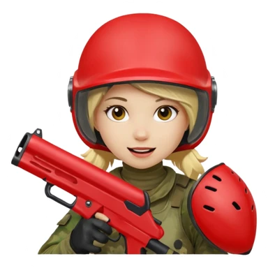 blond girl playing paintball with red paintball helmet, only face sticker