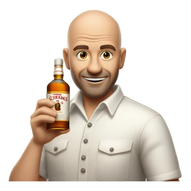 realistic meme of bald man wirt white short bart, with Glenfarclas 35yo sticker