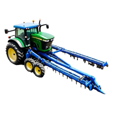 Bourgault 3420 Paralink Hoe Drill (2022) – Cinematic-realistic John Deere 6155M tractor hauling a Bourgault 3420 Paralink Hoe Drill, its powerful green frame pulling the vast blue seeder across endless fields. The machine plants seeds with pinpoint accuracy, leaving precise rows in the rich brown soil,  sticker