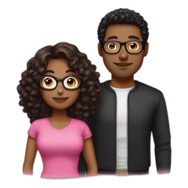 Woman with long brown hair dressed with a pink shirt and man with short and curl black  hair, glasses and a black tshirt sticker