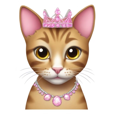 Tabby cat, big eyelashes and a pink tiara, glittery pink claws, glittery jewelry and earrings sticker