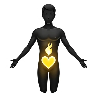 minimalist b&w male silhouette with flowing black-and-white curves across the lower body, now overlaid with a small, softly glowing spark or radiant light near the chest or head — heart symbolizing inspiration, inner fire, and creative energy awakening” style glow yellow sticker