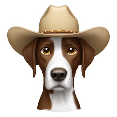 A brown and white pointer wearing a cowboy hat sticker