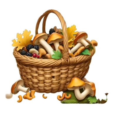 Icon for Mushroom and Berry Tourism: a basket filled with mushrooms chanterelles, boletus and aspen and berries, surrounded by forest elements like trees, leaves and a hiking boots. The icon should capture the joy of foraging in nature. Transparent background. sticker