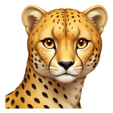 Cinematic Noble Cheetah Portrait Emoji, Poised and regal, with a lean, muscular build and a sleek, spotted Fur of golden hues, deep-set soulful amber eyes, Simplified yet sharp and sophisticated features, highly detailed, glowing with a warm, dignified glow, high shine, intelligent and swift, stylized with an air of wild elegance, focused and attentive, soft glowing outline, capturing the essence of a watchful and confident predator, so majestic it feels as though it could sprint out of the screen with effortless authority! sticker