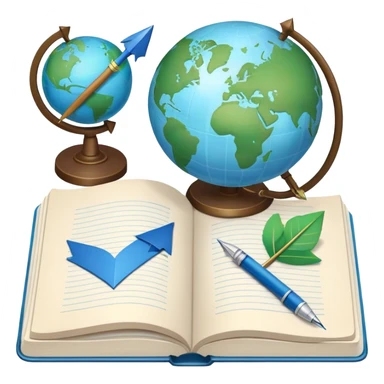 Create an emoji representing language translation. The design should feature a globe in the background, symbolizing international communication. In front of the globe, place two books or sheets of paper with texs on them and a pen nearby to indicate the act of writing. Add two arrows pointing in opposite directions between the sheets to represent the translation process. Use a clean and professional color palette with blues, greens, and neutral tones. Make the background transparent. sticker