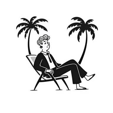hand-drawn blonde man in business suit sitting on beach chair with palm trees, on vacation sticker