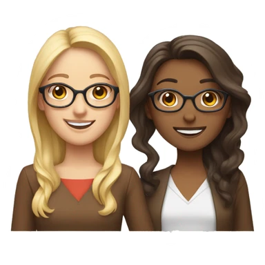 Smiling woman on the left side blonde with blue eyes and middle length straight hair and on tve right brunette with wavy hair, brown eyes and brown glasses, smiling and holding hands sticker