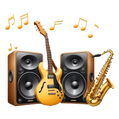 Icon for R&B Music Listening: large concert speakers and headphones with waves of musical notes coming out, along with drums, bass guitar and saxophone. The icon should convey the energetic and rhythmic vibe of R&B music. Transparent background sticker