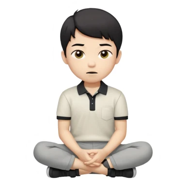 A cartoon young Asian boy with short black hair, light beige skin, and large expressive eyes, wearing a white polo shirt, gray pants, and black shoes. He sits cross-legged on the ground, one fist resting on his cheek, with a closed-mouth smirk. Clean lines, flat colors, solid black background. sticker