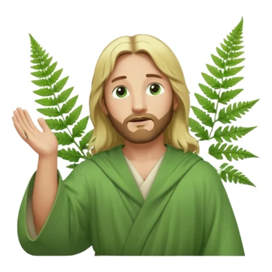 Jesus, green eyes, blonde hair, light green robe. opening arms, gazing thoughtfully. Soft light, subtle fern. Waist-up, profile. sticker