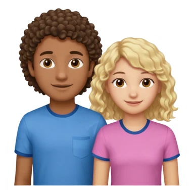 Menino de pele morena de olho castanho meio preto e cabelo cacheados ralo e blusa azul e menina loira de cabelos longos e franja na testa sorrindo com blusa rosa sticker