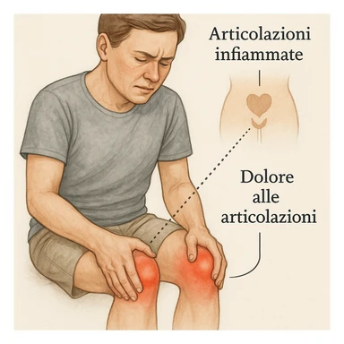 realistic medical illustration of a person with joint pain, holding knees or hands, showing visual connection to inflamed intimate areas using discreet symbols or shading, educational and respectful style, with Italian labels, no explicit details sticker