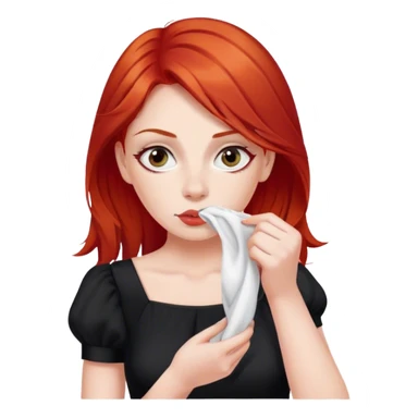 a woman with red hair and red eyes sniffing a white sock. The woman wear a black  dress sticker