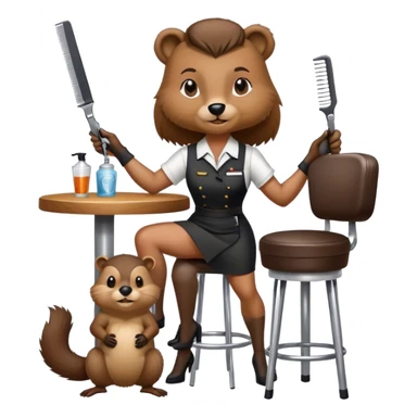 Woman standing beside bar stool with a beaver sitting on the bar stool with the beaver holding a pair of hair clippers sticker