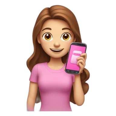 girl with brown hair, white skin, smiling and holding a pink cell phone in her hand sticker