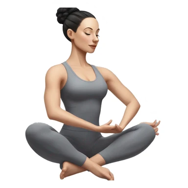 Pale skinned fit woman In a gray tight yoga suit and wristbands With black hair in a bun doing yoga sticker