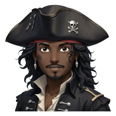 A charismatic pirate with wavy black hair that falls just past his shoulders, tousled slightly by the sea breeze. He wears a black tricorn hat with subtle silver embroidery along the edges, casting a shadow over his sharp, confident features. His piercing dark eyes glint with mischief as he gazes to the side, a knowing smile playing at his lips. His well-fitted black coat, adorned with polished silver buttons and intricate stitching, moves slightly with the wind, revealing glimpses of a deep-crimson waistcoat underneath. A silver chain dangles from his belt, catching the dim golden light of the setting sun. His posture is relaxed yet assured, exuding effortless charm as if he owns the sea itself. sticker