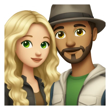 boyfriend and girlfriend. Boyfriend has wavy dark hair a beard and wears a hat with green eyes. Girlfriend has long balayage blonde hair and blue eyes.  sticker