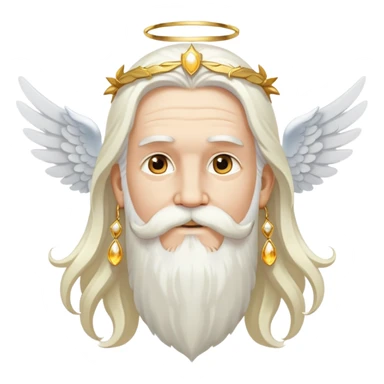 Wise deity with white angel wings, long white hair, beard and mustache, wearing gold drop earrings, heavenly appearance sticker