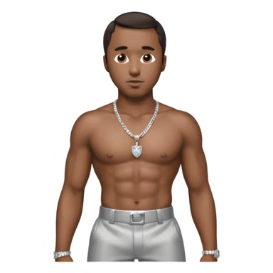 P Diddy with dark brown hair, silver pants, shirtless with necklace sticker