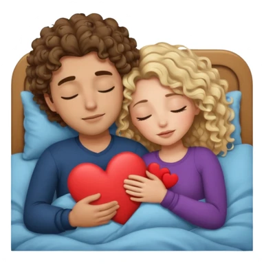 cuddling in bed, asleep. wavy haired blonde girl. man with curly,  dark brown hair. eyes closed. heart between them. no headboard sticker