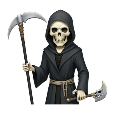 iPhone emoji style terrifying Grim Reaper with half-skeleton half-zombie face (no slime), holding a single scythe in left hand, 100 dollar bills integrated but character remains central and ominous, white background sticker